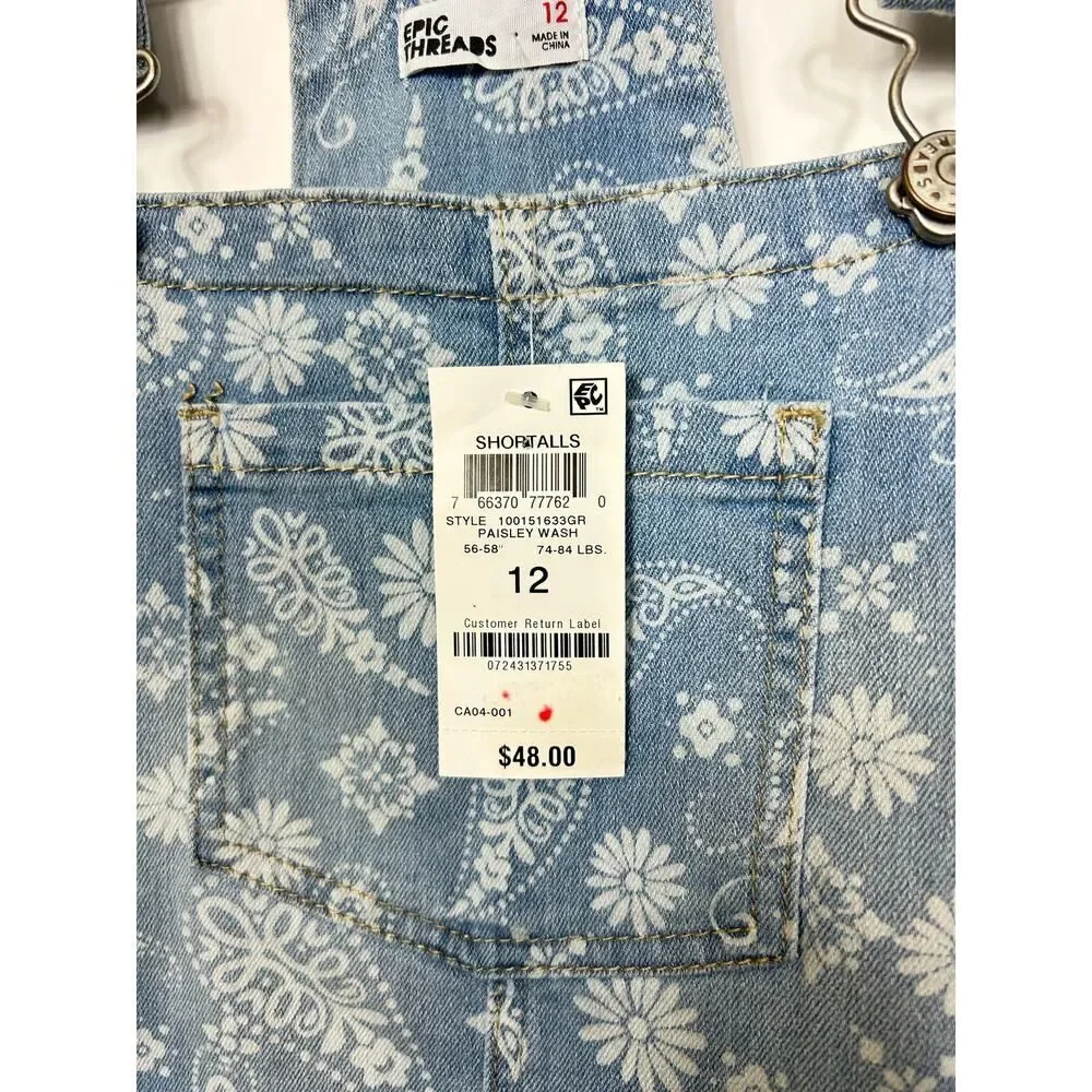 Epic Threads Girls Light-wash Paisley Overalls‎ Size 12